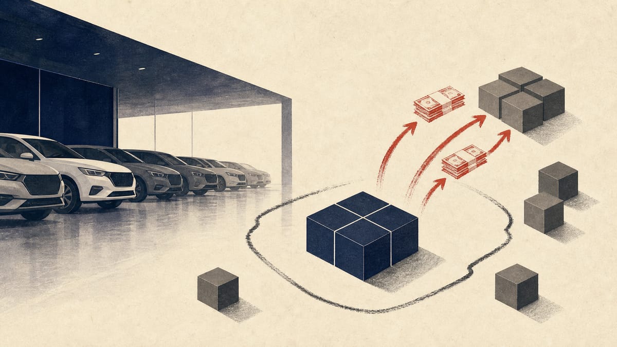 Editorial illustration of a car dealership delivery bay with abstract share and cash symbols suggesting dividend, buyback and takeover-response decisions.