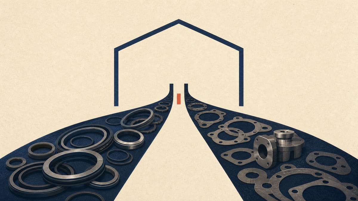 Editorial illustration of industrial seal rings and valve parts converging into a single holding-company structure.