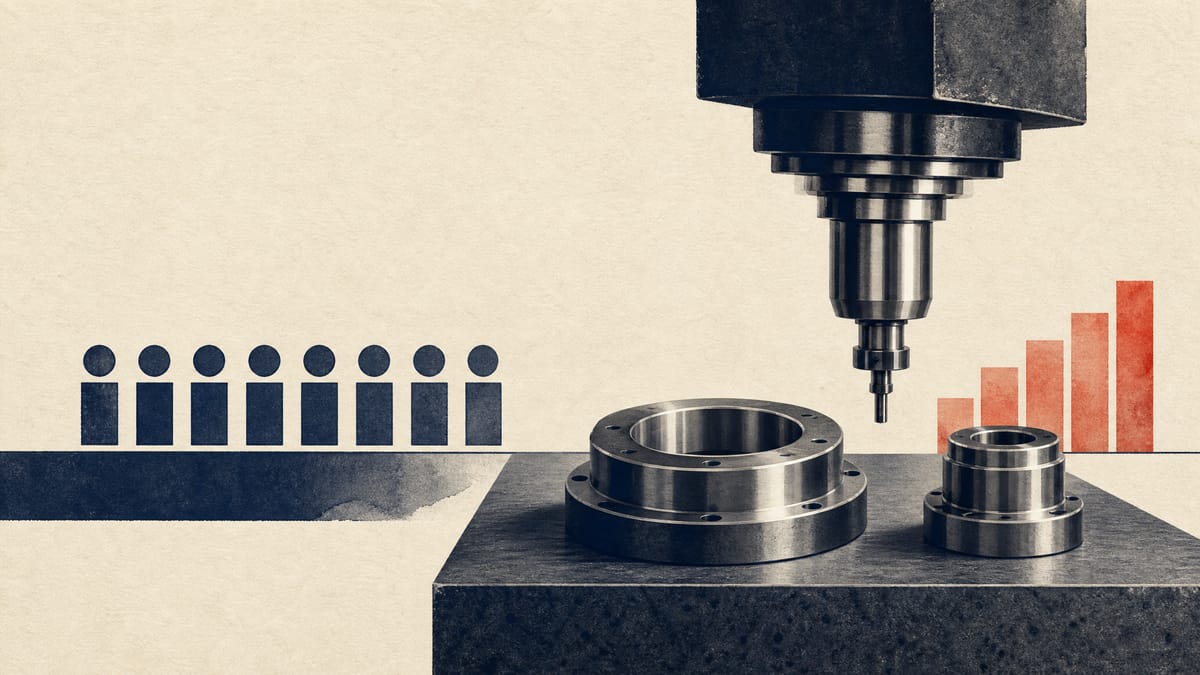 Editorial illustration of machine-tool parts on an inspection bench with abstract voting and payout motifs.