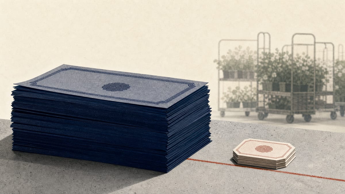 Editorial illustration of bond stacks outweighing a smaller equity block, with blurred flower-market carts in the background.