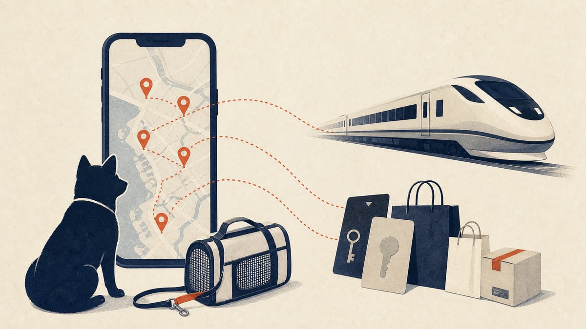 Editorial illustration of a pet outing app linking rail, hotel and e-commerce check-ins.