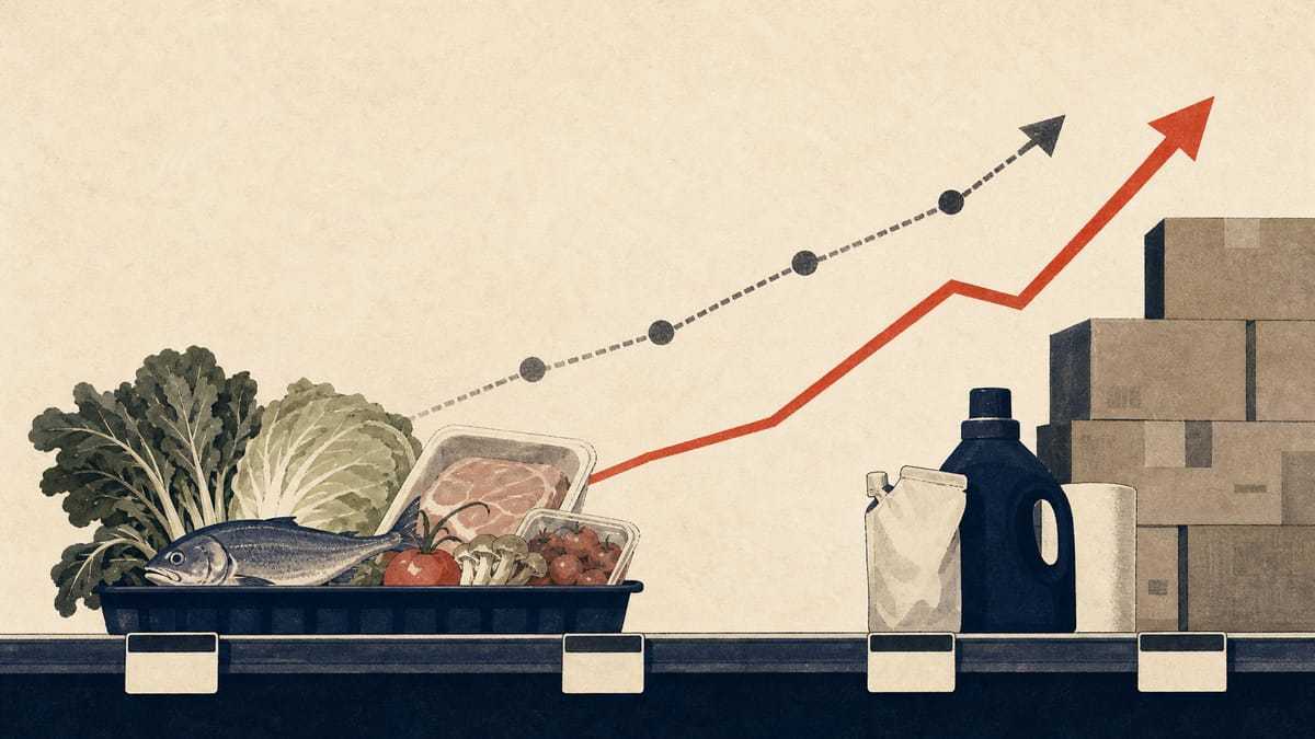 Editorial illustration of retail shelves with food and household goods, price labels and simple chart shapes suggesting higher costs and improving profit.
