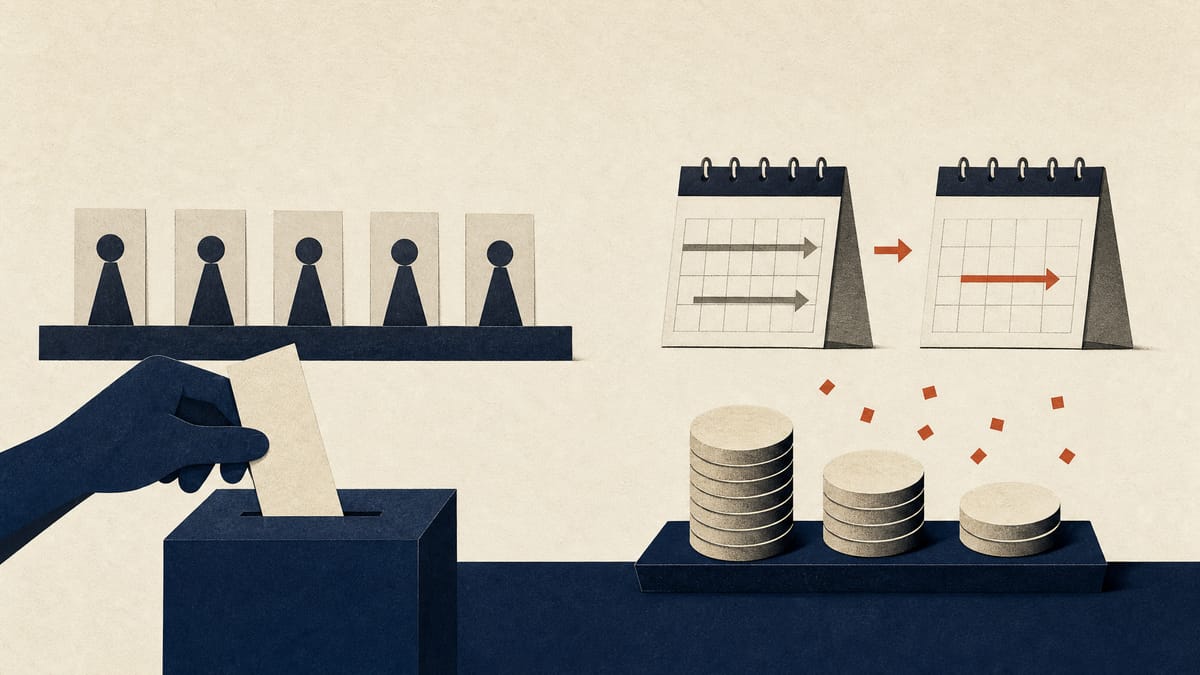 Illustration of shareholder ballots, a shortened board-term calendar and cash tokens representing a dividend.