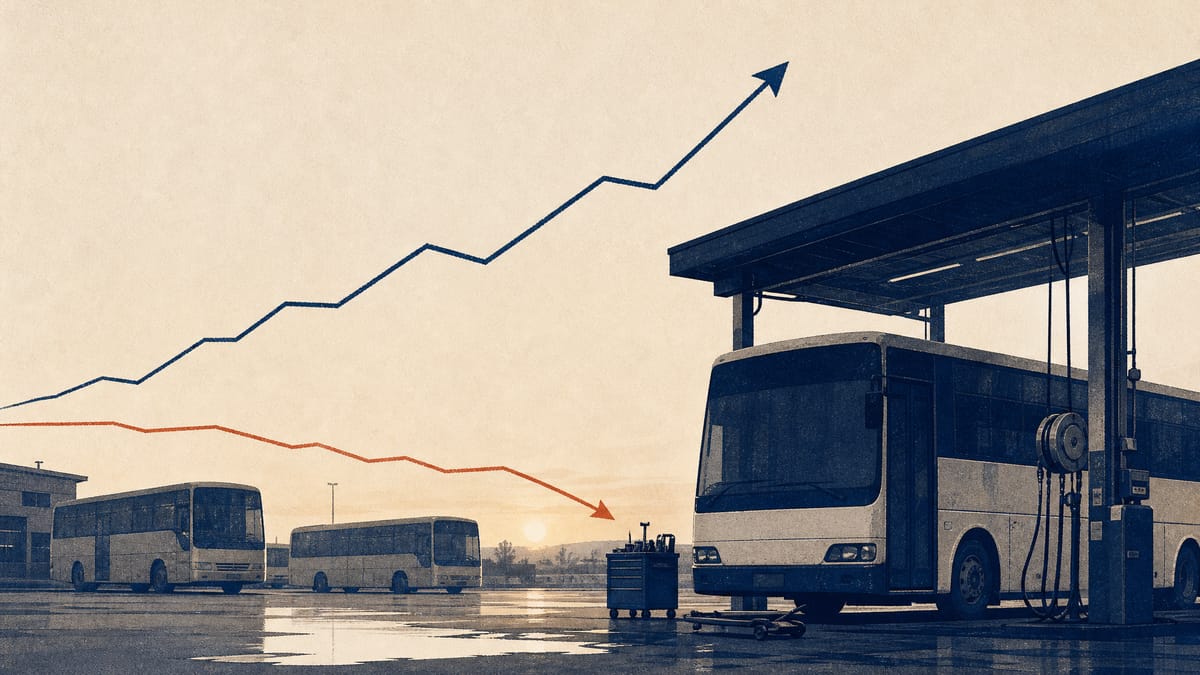 Unbranded buses in a depot with maintenance equipment and a subtle financial-chart motif.
