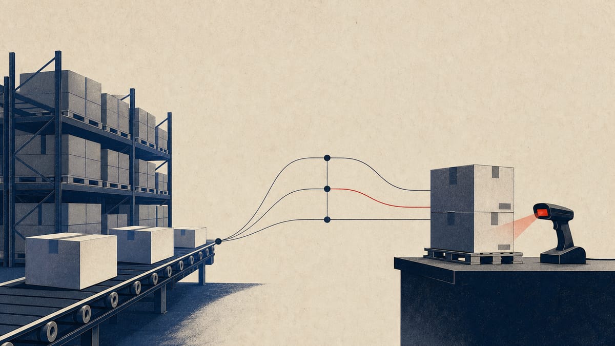 Editorial illustration of a factory warehouse workflow with inventory racks, pallets and abstract lines linking stock to receivables.