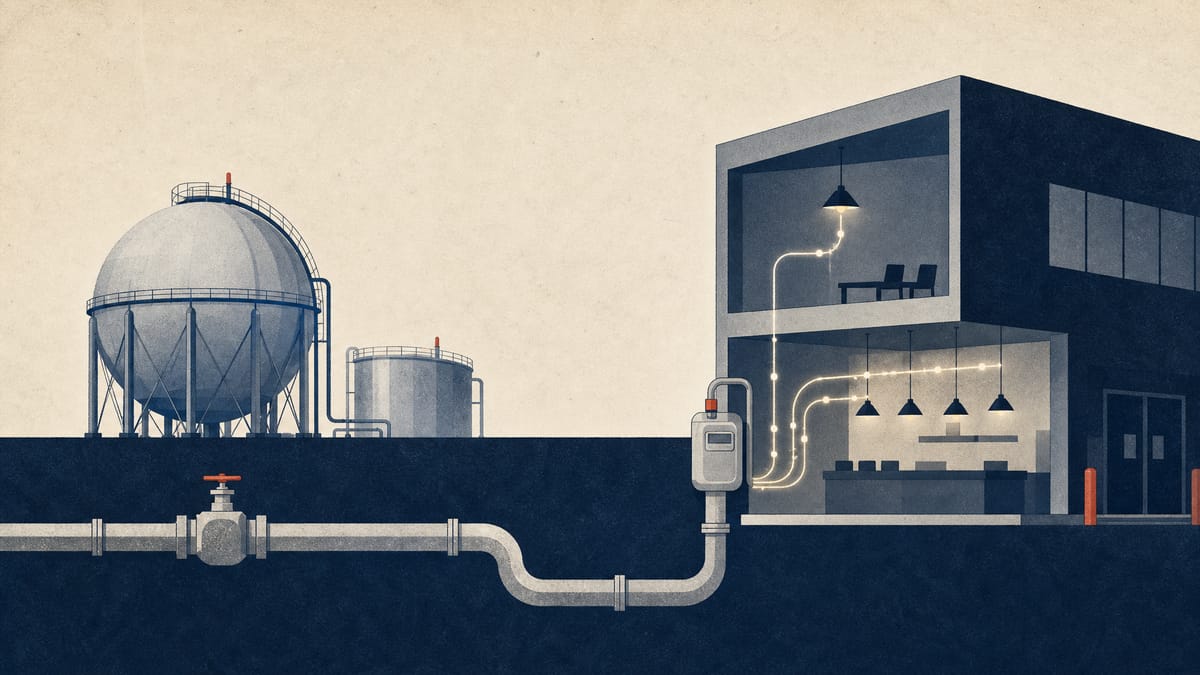 Editorial illustration of gas utility infrastructure, pipelines and meter data.