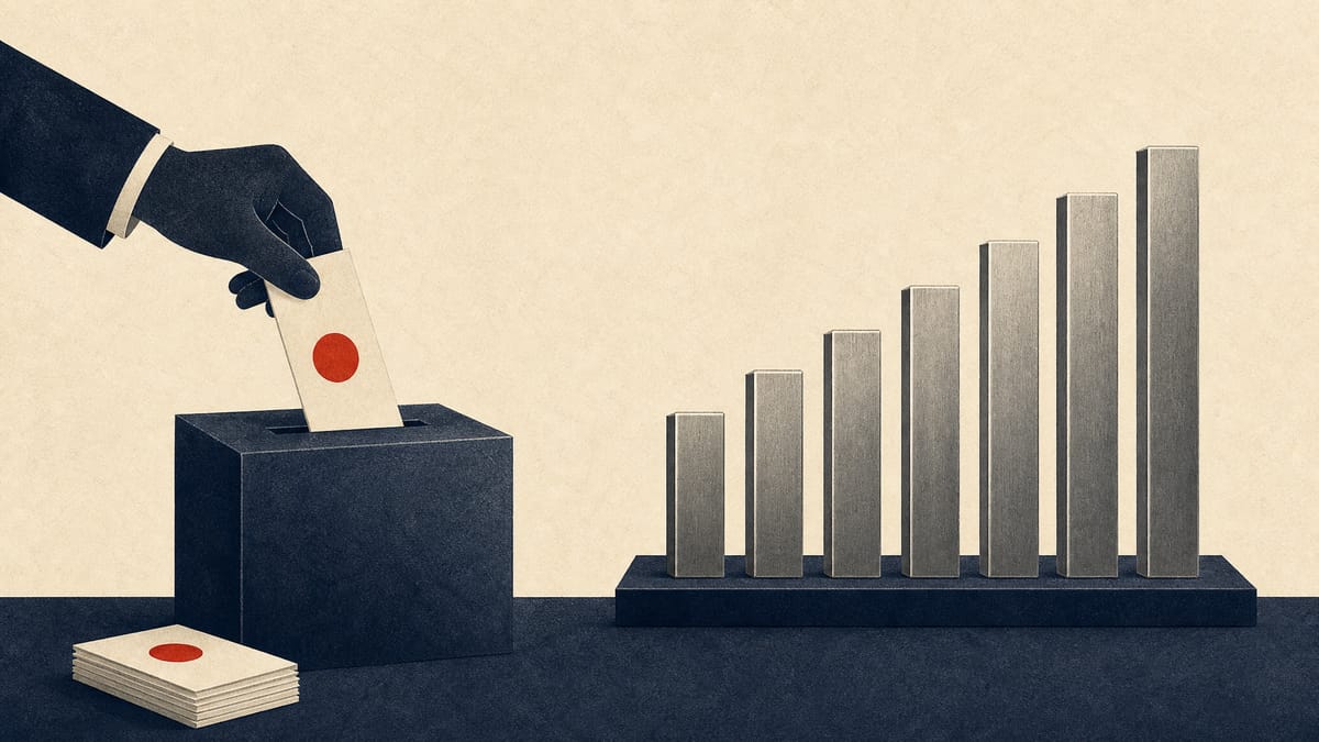Editorial illustration of anonymous shareholder voting cards, share tokens and a yen payout graph.