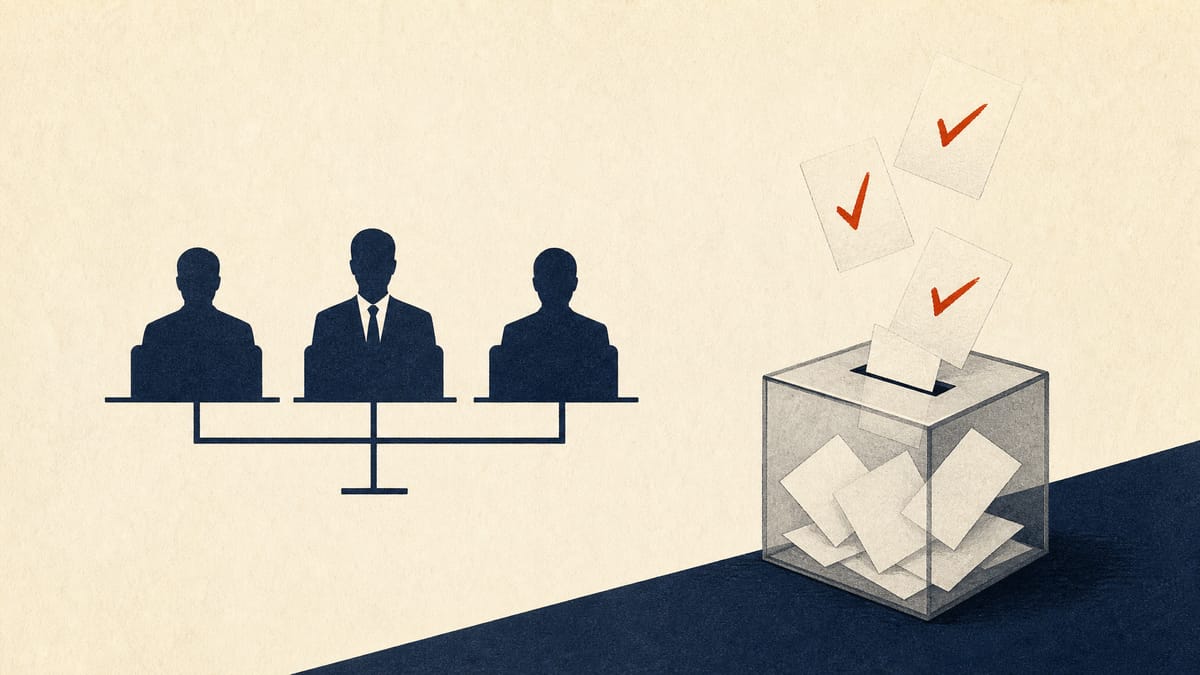 Editorial illustration of three director seats and shareholder ballots.