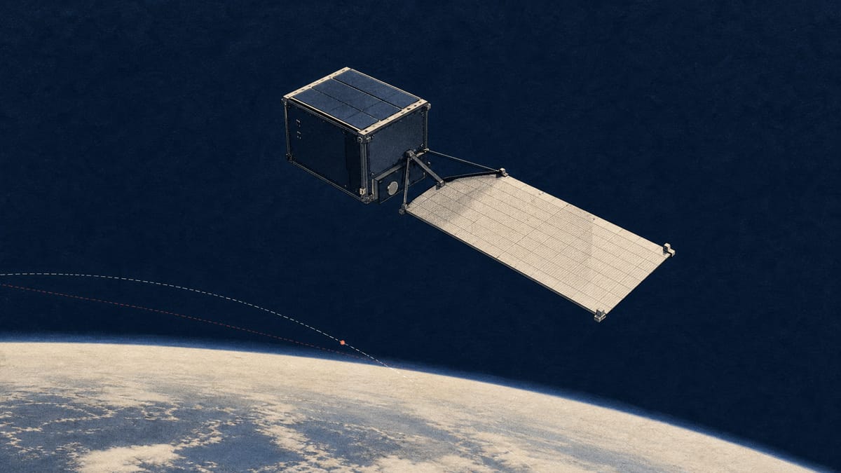 Editorial illustration of a compact satellite with its antenna deployed in a clean engineering style.