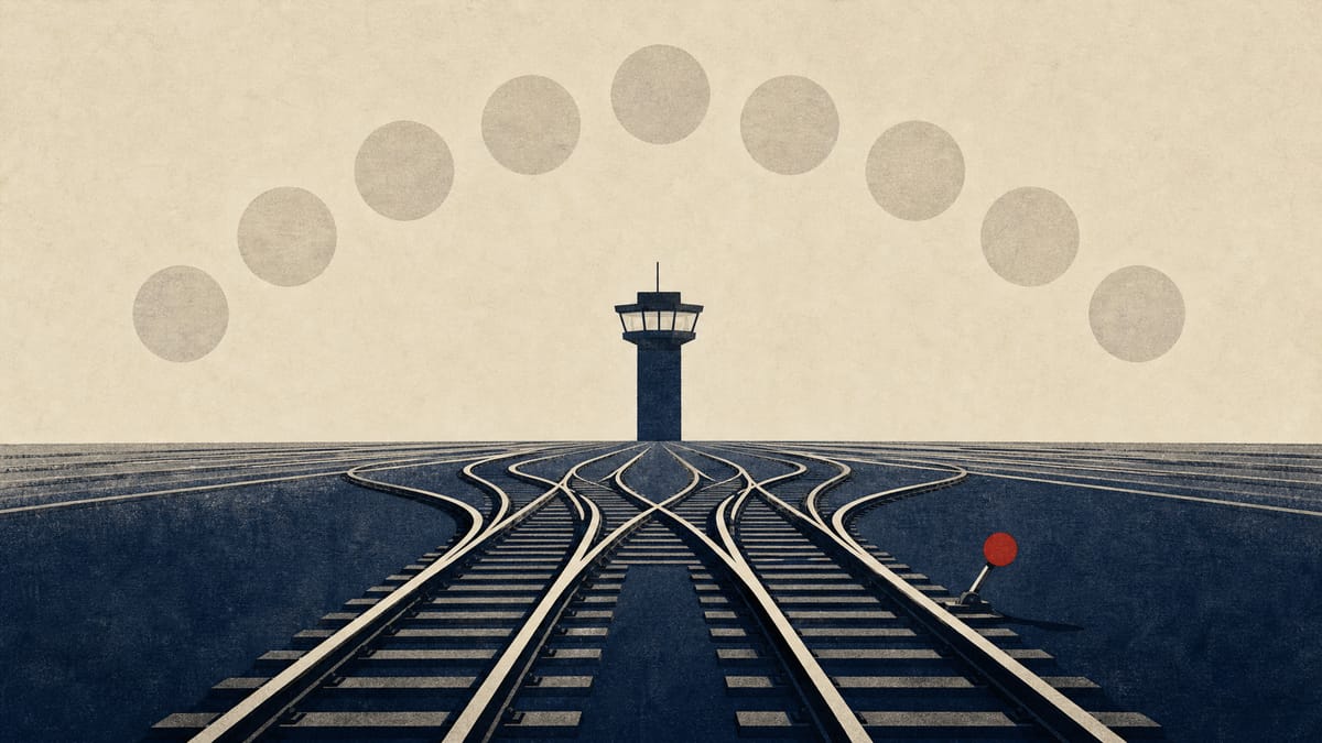 Editorial illustration of converging rail tracks near a control tower with abstract board-seat icons.
