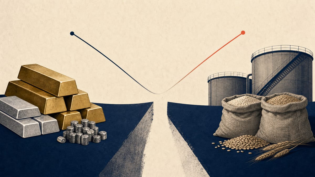 Editorial illustration contrasting precious-metals exposure with broader commodity futures exposure.