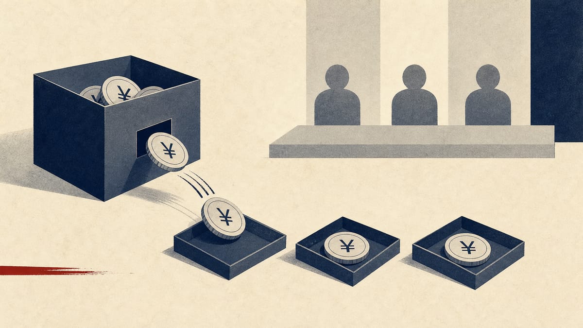 Editorial illustration of yen coins flowing into shareholder trays with three simplified board-seat icons behind them.