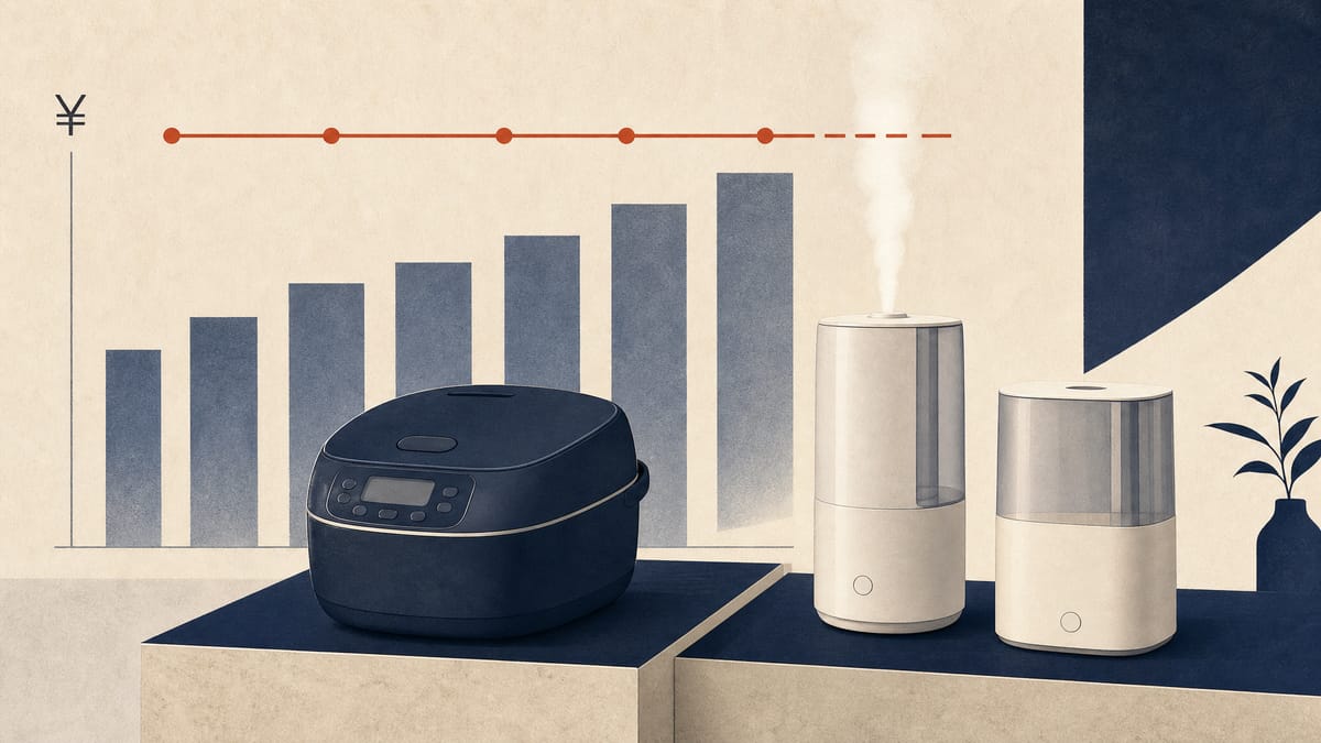 Editorial illustration of rice cookers and humidifiers on a retail display with sales bars and an unchanged forecast line.