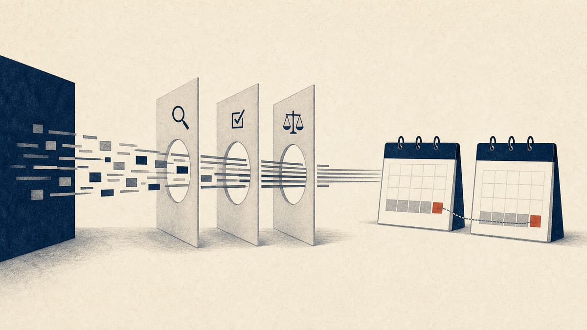 Editorial illustration of transaction records moving through audit checkpoints beside a calendar shift from June to August.
