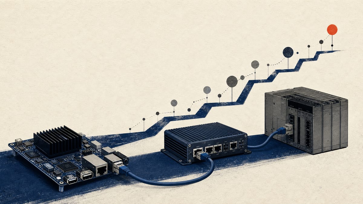 Editorial illustration of embedded computer boards and network cables linked to industrial equipment, with abstract data nodes suggesting a financing step-up.