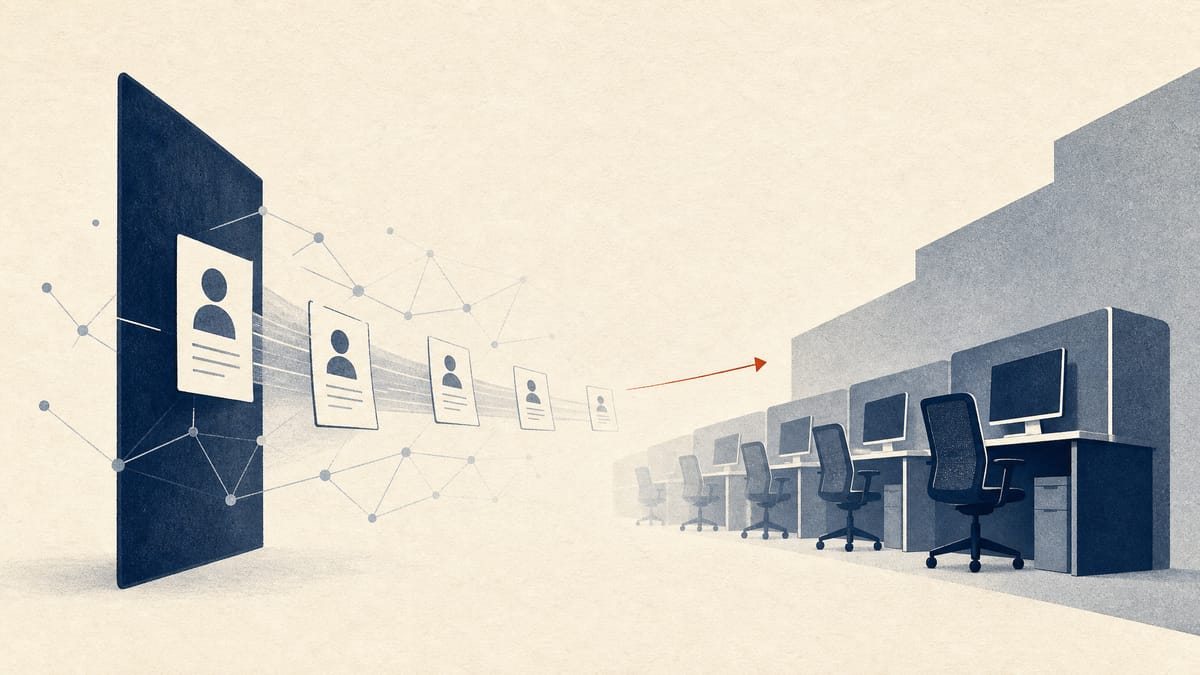 Editorial illustration of company listings moving through a digital marketplace beside an expanding office workspace.