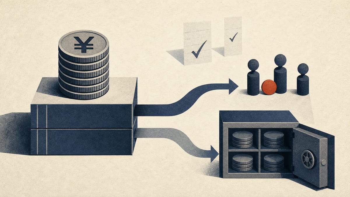 Editorial illustration of bank capital being split between a cash dividend channel and reserve blocks.