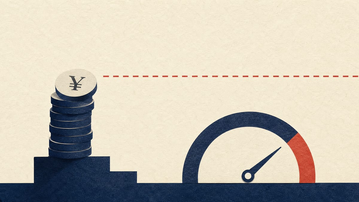 Abstract editorial image of rising percentage gauges and yen-denominated capital-allocation shapes facing a higher hurdle line.