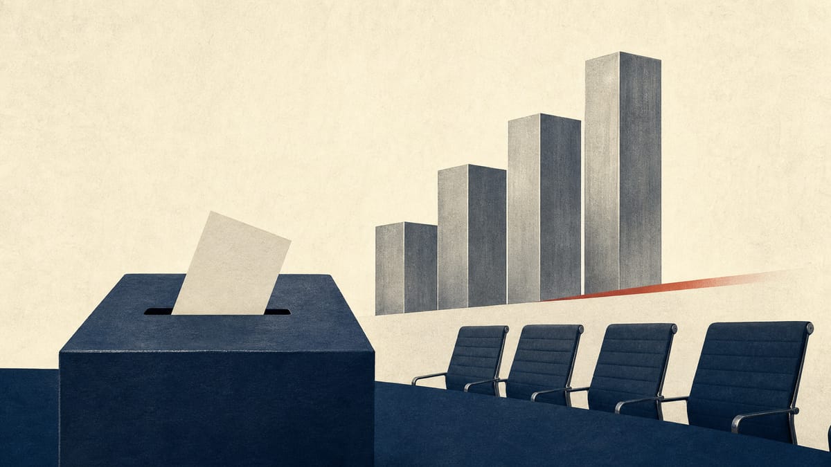 Editorial image of shareholder voting materials and abstract rising business metrics in a corporate meeting setting.