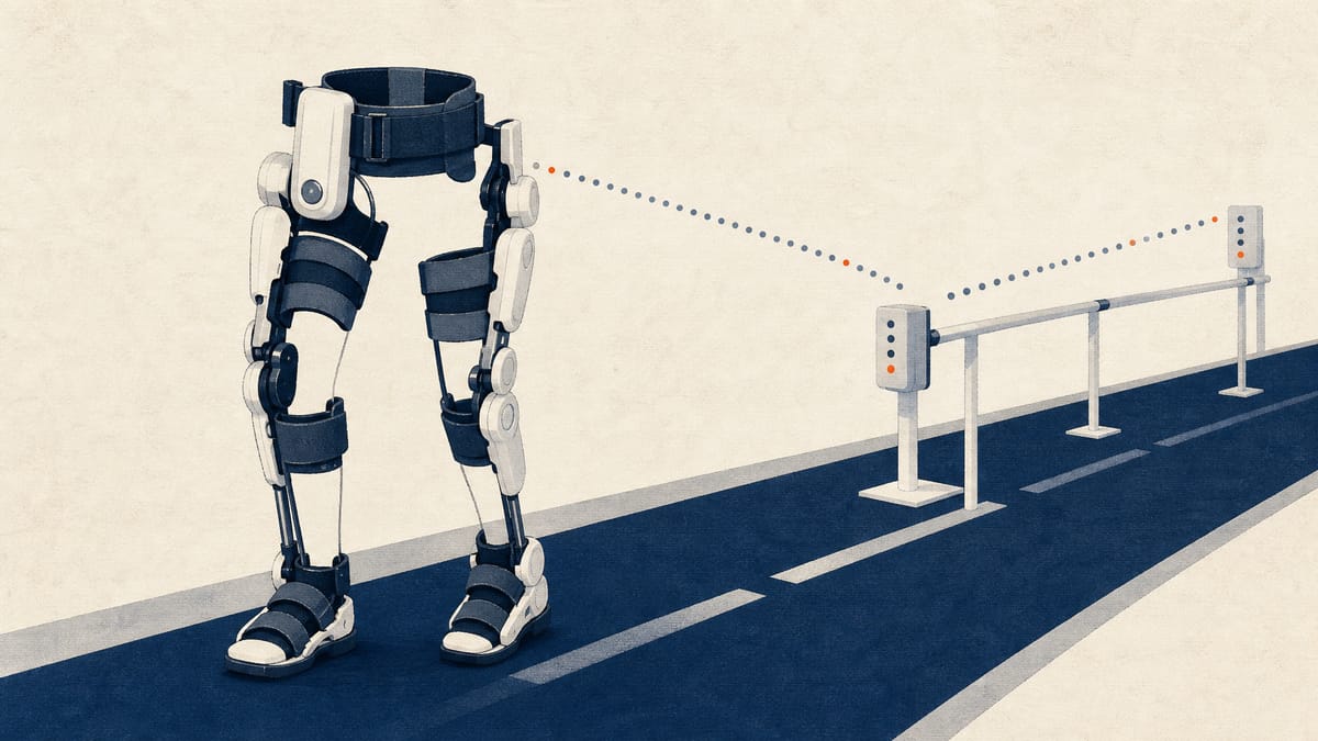 Editorial illustration of a rehabilitation exoskeleton beside a clinical walking track and monitoring sensors.