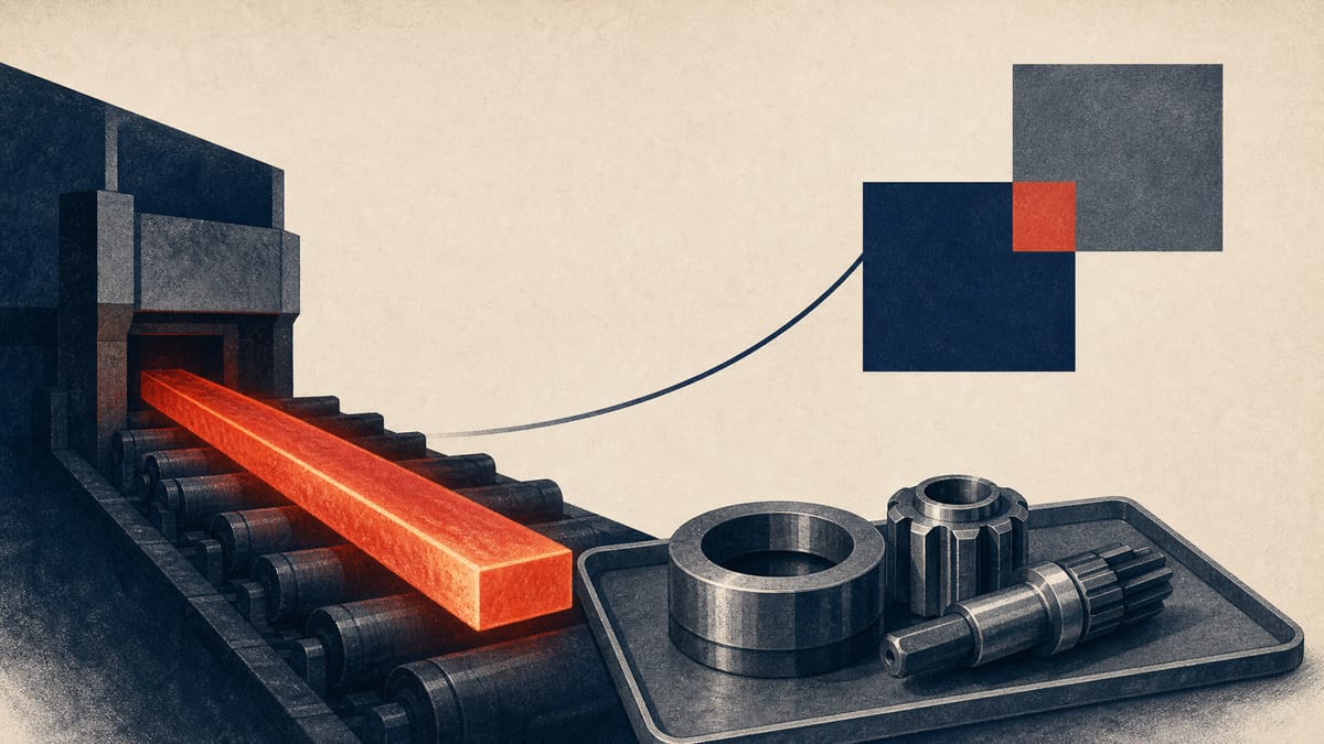Editorial illustration of a steel finishing line and forged parts with an abstract ownership-consolidation motif.