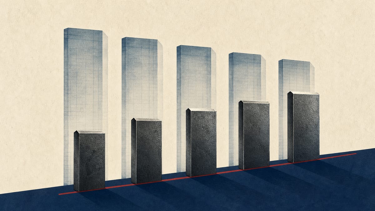Abstract editorial image of annual revenue and earnings bars moving in opposite directions.