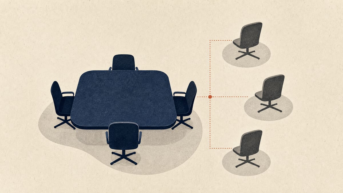 Abstract illustration of a seven-seat corporate board layout with three oversight seats set apart from four management seats.