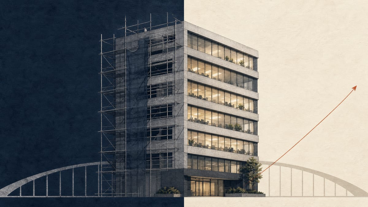 Editorial illustration of a commercial building under renovation and re-leasing, symbolising property revitalisation and expansion.