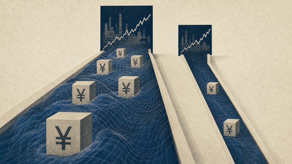 Abstract editorial image showing two ETF flow channels, with the hedged fund lane visibly larger than the sister fund lane.
