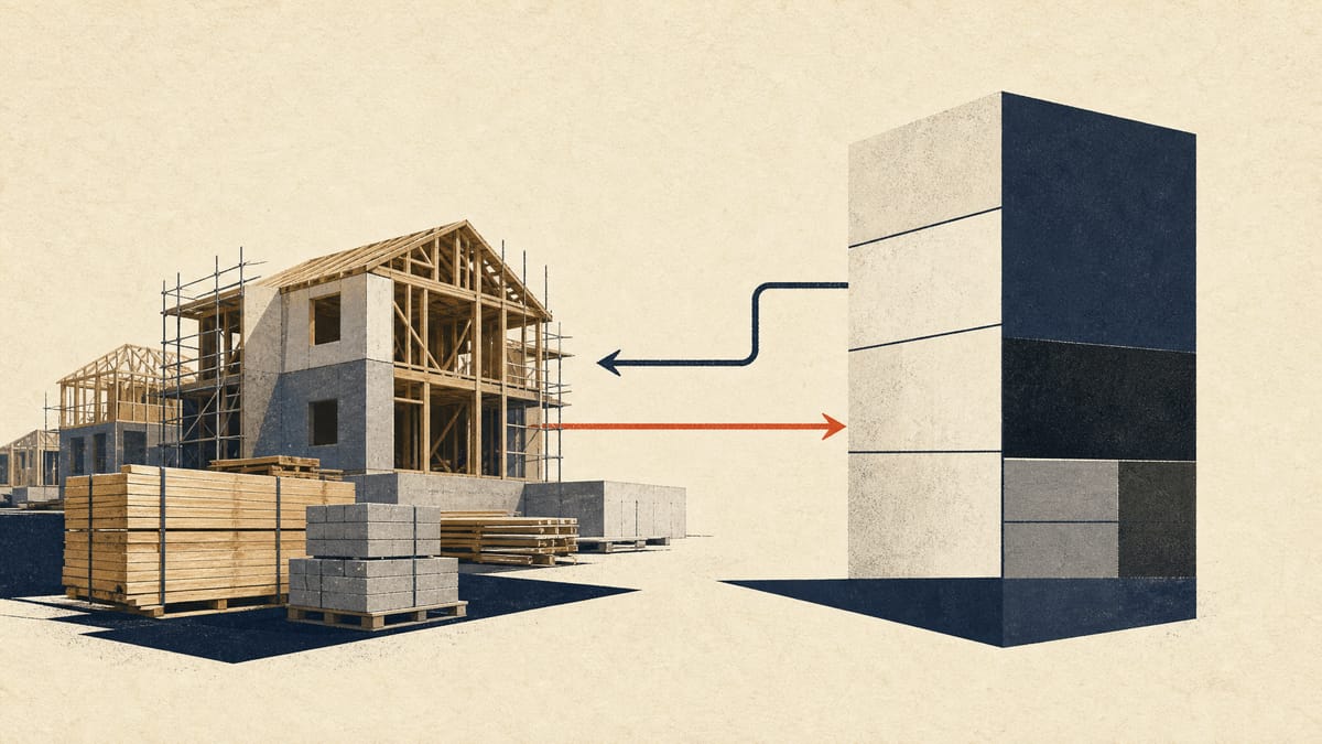 Illustration of homes under construction with abstract balance-sheet blocks and arrows showing related-company loans.