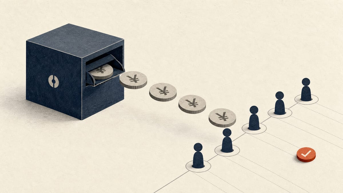 Abstract editorial illustration of yen coins flowing from a company treasury to shareholder icons to represent an approved dividend payout.