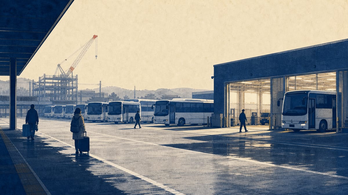 Unbranded regional buses lined up at a terminal and depot, with commuters and a maintenance bay in view.