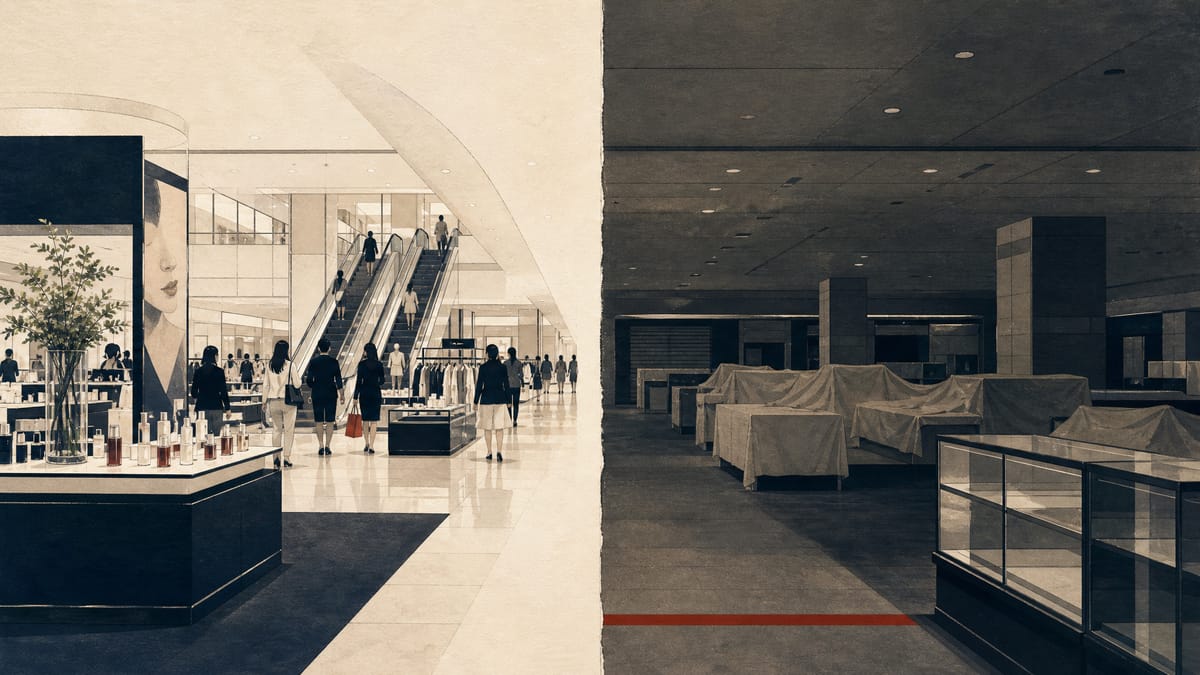 Illustration of a department store interior split between a busy flagship floor and a quieter section being wound down.