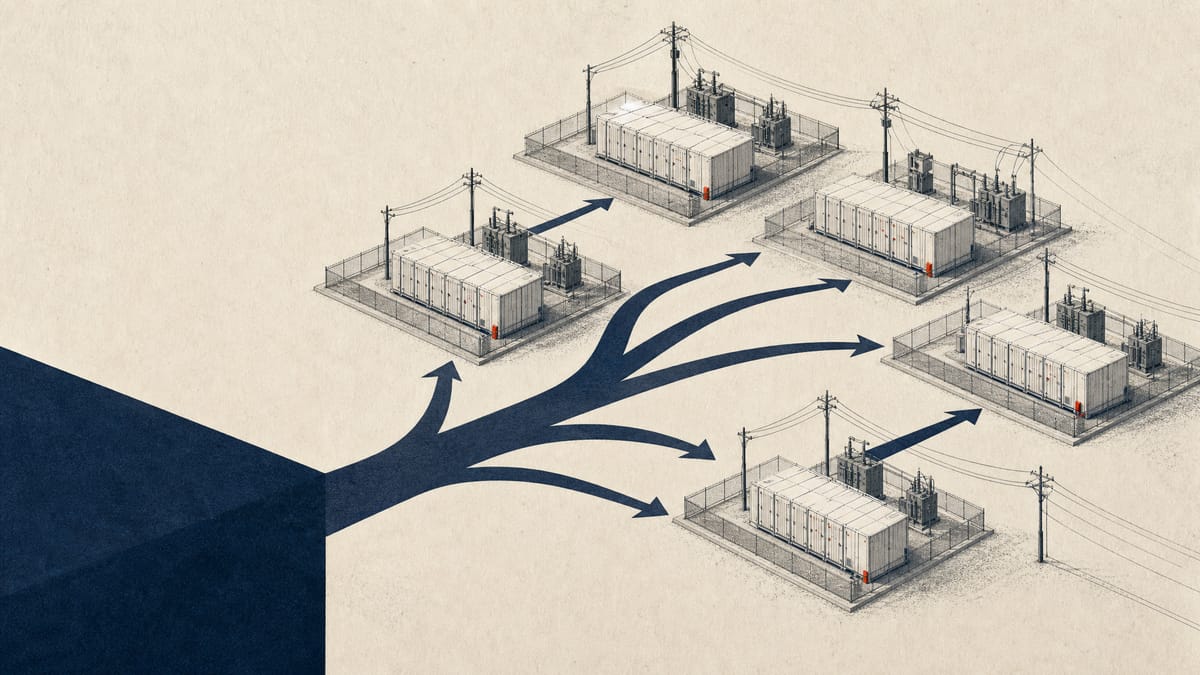 Illustration of several grid battery storage sites with container units, transformers and power lines.