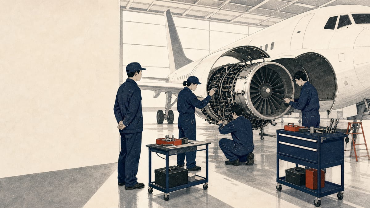Trainees in an aircraft maintenance hangar working on engine components under an instructor's supervision.