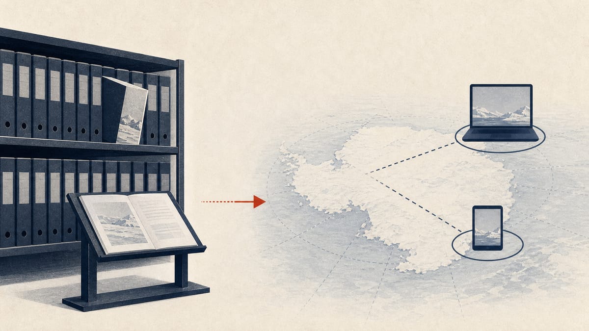 Editorial illustration of Antarctic activity-plan documents shifting from physical inspection to online access.