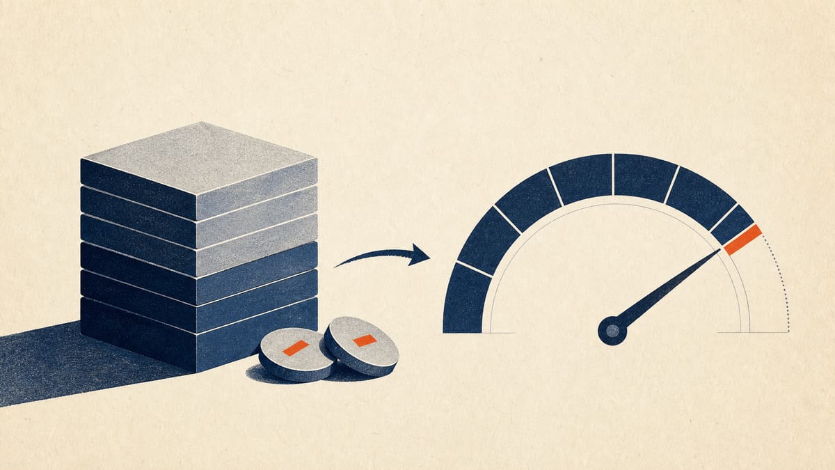 Illustration of share blocks and subscription-rights tokens feeding an ownership gauge near 30%.