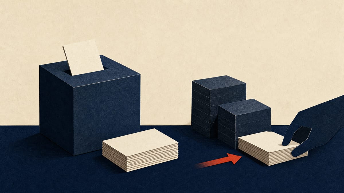 Illustration of a shareholder ballot box and share blocks being pulled back to suggest a withdrawn authorized-share proposal.
