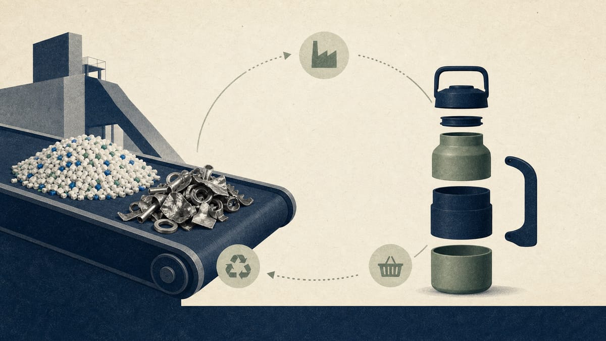 Illustration of recycled materials, product components and data links across a circular supply chain.