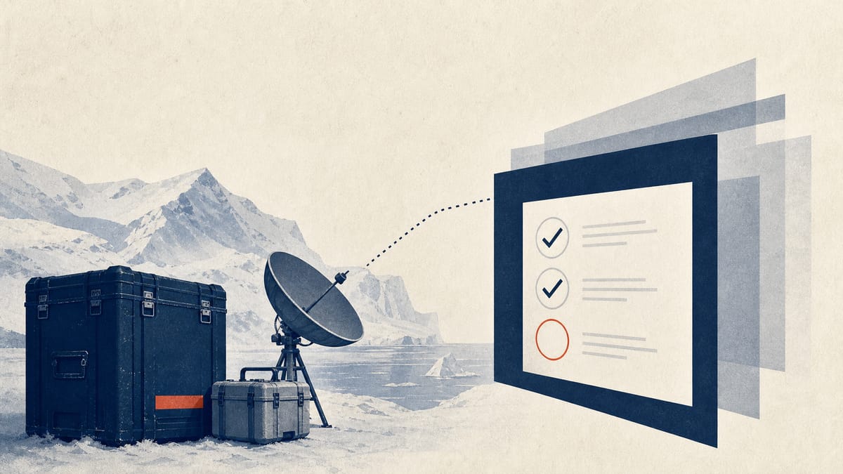 Antarctic expedition cargo and field equipment linked to abstract digital compliance checkpoints