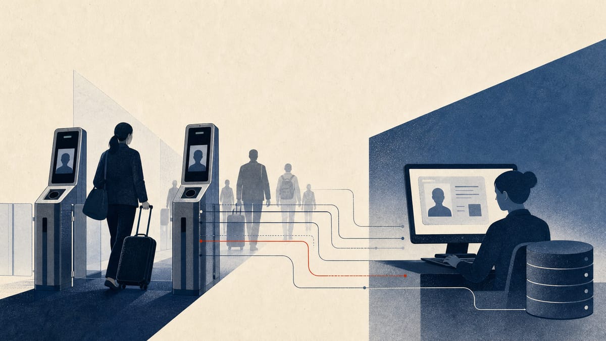 Editorial illustration of airport e-gates connected to a digital residence-management workflow.