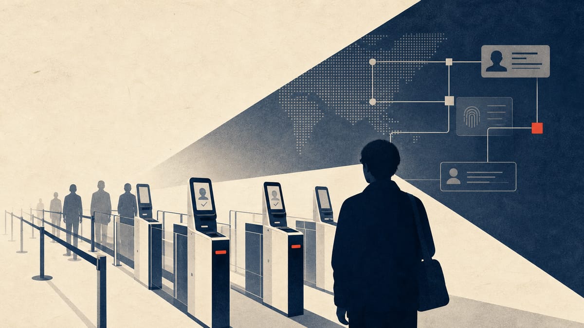 Editorial illustration of airport immigration gates and digital checkpoints representing Japan's draft entry and residence management plan.
