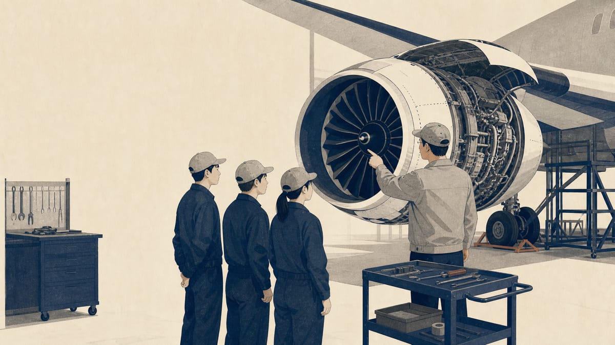 Editorial image of a small aircraft maintenance training class in a hangar with exposed engine components and inspection tools.