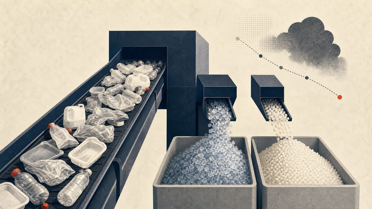 Editorial image of a plastics recycling line separating mixed packaging into recycled flakes and bioplastic pellets.