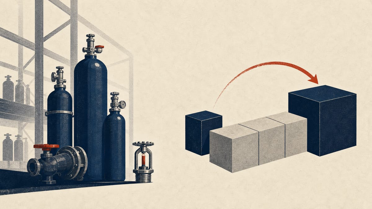 Editorial illustration of fire-suppression equipment and ownership blocks shifting to a majority position.