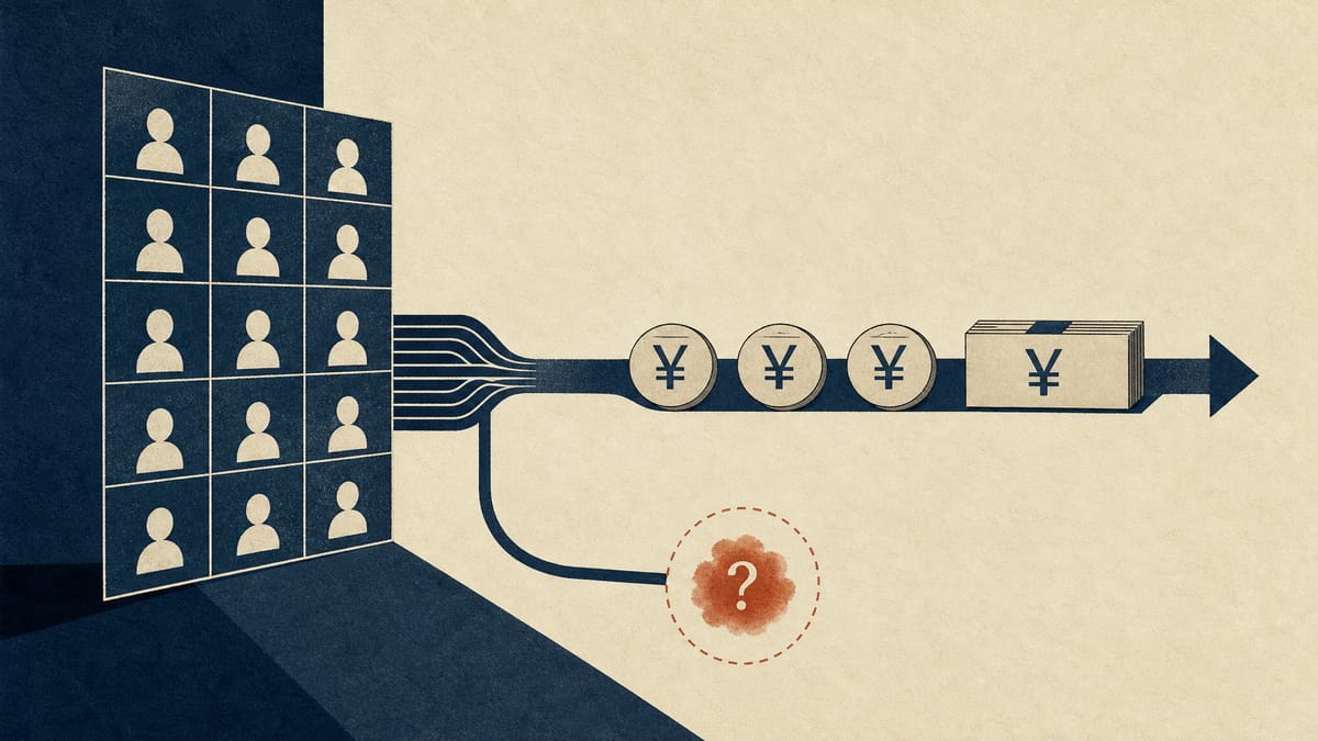 Editorial illustration of a shareholder register feeding into a yen-denominated cash payout, with a separate unresolved governance branch.
