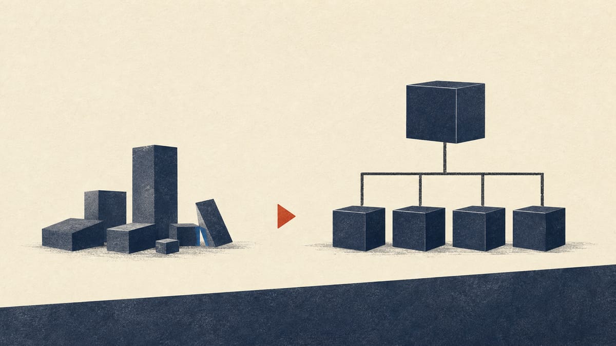 Abstract illustration of corporate blocks being reorganized into a holding company structure.