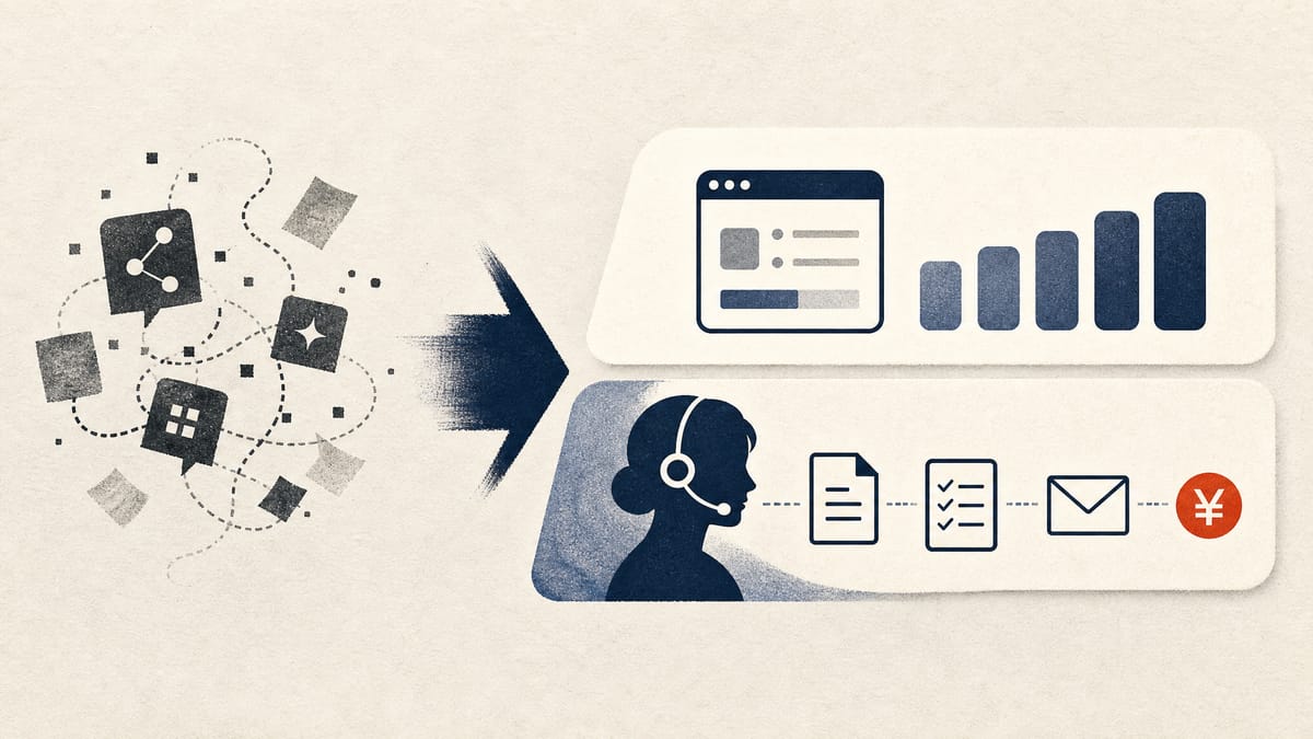 Editorial illustration of small-business workflow shifting from one-off AI tools to recurring SaaS and outsourced operations support.