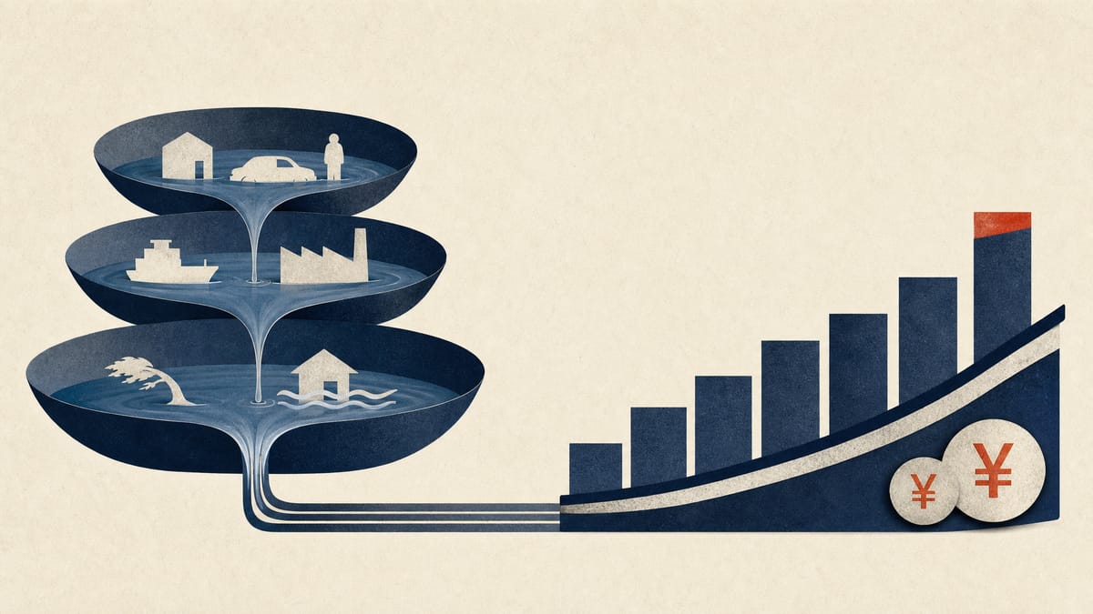Editorial illustration of insurance risk pools feeding into rising profit and capital indicators.
