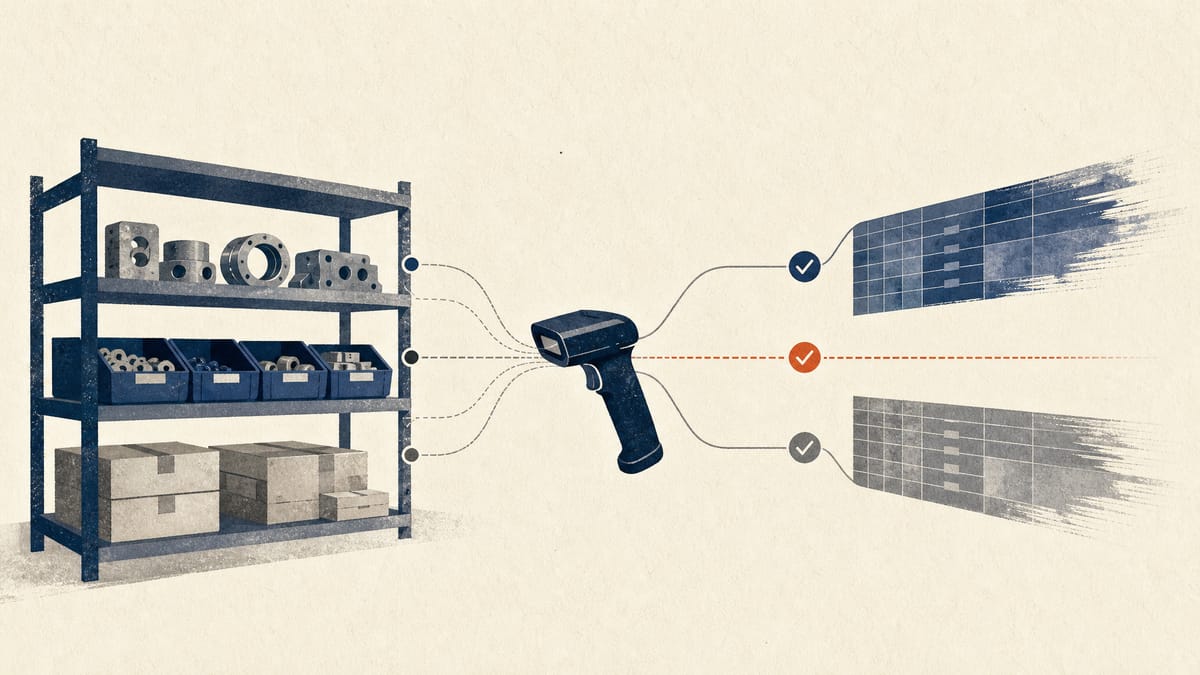 Editorial illustration of warehouse parts bins and parallel data-check lines used in an inventory reconciliation process.